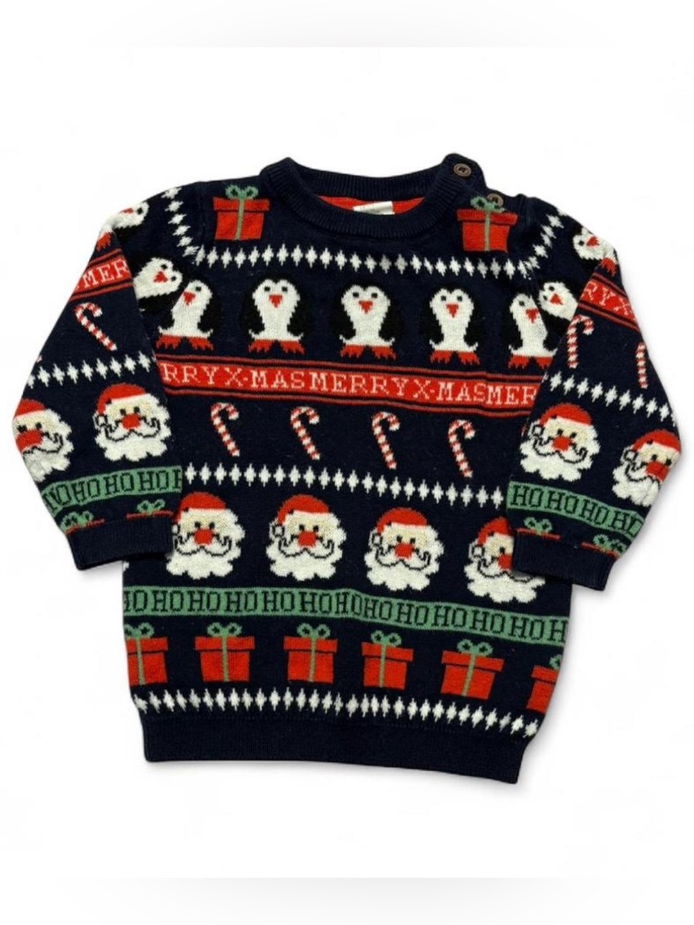 H&M Navy Christmas Crewneck Sweater with Red & Green Accents